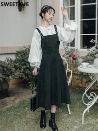 Work Dresses SWEETXUEPreppy Style 2-Piece Set Retro Fashion Casual Suit Bow Lantern Sleeve Shirt Top Velvet Suspender Skirt Women Outfits