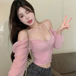 Women's T Shirts Autumn Pink Sexy Elegant Blouse Women Ruffled Backless Korean Designer Tops Female Puff Sleeve Fashion Casual 2023