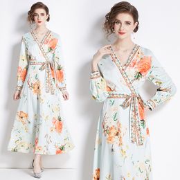 Floral Print Party Side Belted Bow Wrap Dress Robes Long Sleeve Women Designer V-Neck Slim Elegant Blue Boho Maxi Dress Dress 2023 Autumn Winter Ladies Vacation Frocks