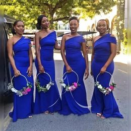 South Afircan Plus Size Bridesmaid Dresses For Wedding Royal Blue Elegant Satin Women Formal Party Gowns One Shoulder Sweep Train Mermaid Wedding Guest Dress CL2805