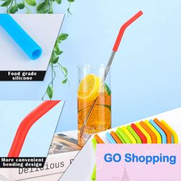 Simple Silicone Straw Elbow Wide Stainless Steel Reusable Cover Soft Drink Tip for OD Straws Juice Coffee Milk Multicolor -6 8mm