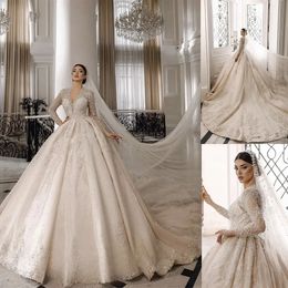 Elegant V Neck Lace Wedding Dresses Ball Gown Luxurious Sequined Crystal Beading Dresses vestidos de novia Custom Made