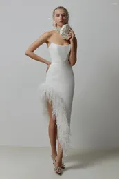 Party Dresses YIDINGZS 2023 Off Shoulder Feather Long Sexy Slit Evening Dress White Colour Celebrity