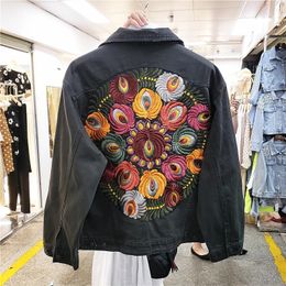 Damen-Jeansjacke aus Wollmischungen im Vintage-Stil, übergroß, mit mehreren Blumenstickereien, für Damen, Cowboy-Langarm-Revers, lässiger Jeansmantel, Streetwear, Oberbekleidung 231021