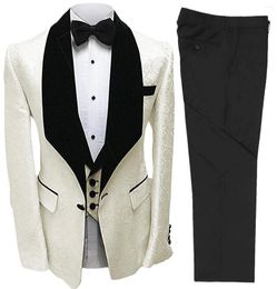 Men's Suits Jacquard Men Formal Blazer Vest Pants Prom 3 Pieces Velvet Shawl Lapel Wear Custom Male Slim Fit Tuxedos For Wedding Groom