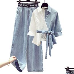 Women'S Two Piece Pants Womens Summer Solid Color Plus Size Korean Block Shirt Jeans Fashion High Waist Loose Casual Jean 2-Piece Se Dhvxj