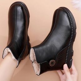 Boots Winter Women Genuine Leather Flat Casual Ankle Middle-aged Thick Plush Warm Snow Mother Waterproof Non-slip Booties