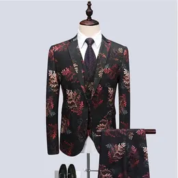 Men's Suits (Jacket Vest Pants) 2023 Leaf Pattern Host Dress Men Fashion Suit Slim Fit Business Wedding