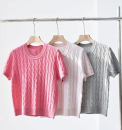 Women's Knits Tees Naizaiga 100 cashmere O-neck solid pink white Grey Short sleeve twist Women pullovers sweater Girl T-shirt PZ106 231023