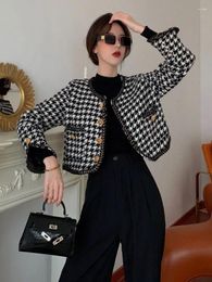Women's Jackets Design O-neck Houndstooth Plaid Grid Long Sleeve High Waist Short Woolen Tweed Jacket SMLXL