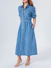 Casual Dresses Women Button Denim Dress Solid Colour A-Line Party With Pockets For Beach Cocktail Summer Streetwear