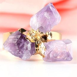 Cluster Rings Wholesale 6pcs/Lot Natural Stone Purple Crystal Quartz Gold-Color Irregular Ring For Lady Adjustable Austrian Finger