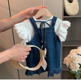 Clothing Sets 2023 Girls Baby Fashion Lace Tops Shirts Denim Dress 2pieces Summer Set Kids Children Clothes