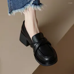 Dress Shoes Women High Heel Loafers 2023 Spring Black Platform Flat Slip On Designer Casual Leather Single
