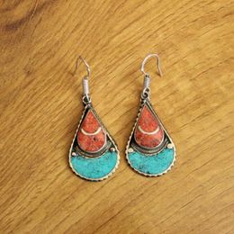 Dangle Earrings ER199 Ethnic Tibetan Copper Inlaid Turquoises Coral Stone Water Drop Earring For Women