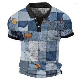 Men's Polos Summer 2023 Polo Shirt 3d Denim Plaid Print Short-Sleeved Retro Clothing Oversized Casual Male T-Shirts Hipster Tops