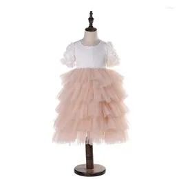 Girl Dresses Children Frock 2023 Summer Lace Petal Sleeve Princess Tutus Back Hollow Kids Layers Tulle Cake Laced Flower Dress 2-6years