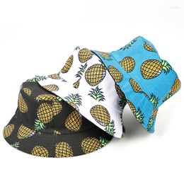 Berets 2023 Pineapple Print Bucket Hat Men Double-sided Foldable Summer Panama Fisherman Hats For Outdoor Leisure Sun Cap Male