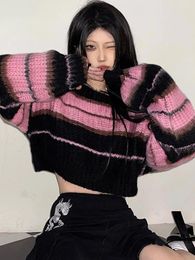 Women's Sweaters Y2k Korean Style Pink Cropped Sweater Women Vintage Striped Jumper Knitwear Gothic Casual Long Sleeve Pullovers Tops