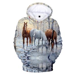 Customised Hoodies & Sweatshirts Mens Hoodie Horse Drinking Water Print 3D digital printed animal horse men's casual pullover sweater