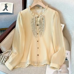 Women's Blouses Chinese Style Embroidered Button Chiffon Shirts For Women Autumn 2023 Stand Up Collar Elegant Long Sleeved Top