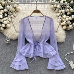 Women's Blouses 2023 Summer V-Neck Lace-Up Bow Ruffles Sunscreen Shirt Flare Long Sleeve Beading Cape Chiffon White Top 6 Colors