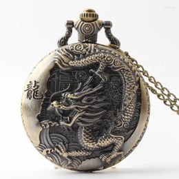 Pocket Watches Arrival 50pcs/lot Vintage Bronze Chinese Dragon Flip Quartz Watch Necklace Chain Xmas Gift Wholesale