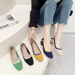 Women s Square Toe Highheeled Shoes 2023 New Rubber Soles Nonslip Thick Heel Knitting Soft Fashion Breathable Beaut 231024