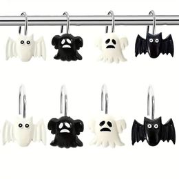 12pcs Halloween Ghost Shower Curtain Hooks, Black White Spooky Nightmare Shower Hanging Rings, Cute House Bathroom Halloween Horror Party Supplies,