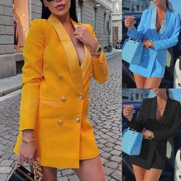 Women's Suits Blazers High Quality Autumn Women's Blazer Jacket Yellow Blue Casual Long Sleeve Women Sexy Blazer Dress Chic Office Ladies Outfits 231024