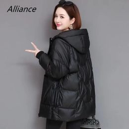 Women's Down Parkas 2023 Winter Women Glossy Korean Fashion Midlength Hooded Loose Thick Warm Casual Ladies Shiny Cotton Jacket Black 231023