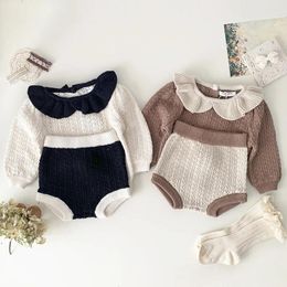 Clothing Sets Autumn Winter Ins Kids Knitted Lotus Collar Pullover Sweater Suit Boy Girl Children Knitting Hollow Out Tops Knit Shorts 2pcs