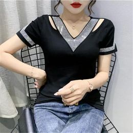 Women's T Shirts Sexy V-Neck Drillin Tees Women Summer Top Short-sleeved Mesh Woman T-shirt Hollowed-out Ice Silk Camisetas Female