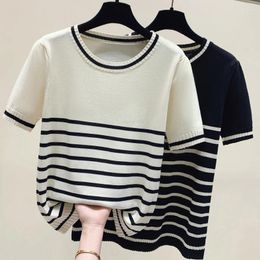 Women's Sweaters 2023 Summer Women O-Neck Cashmere Wool Knitted Pullovers Short Sleeve Loose Jumper Knitwear Striped Casual Tops