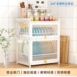 Kitchen Storage Dustproof Countertop Dish Drain Rack Cabinet Closed With Door Can Be Pulled Out