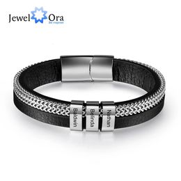 Bangle Personalised Metallic Chain Leather Bracelet with 3 Engrave Name Beads Customised Bracelets for Men Christmas Gifts Father 231023