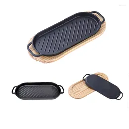 Pans Long Oval Striped Frying Barbecue Pan With Wood Plate