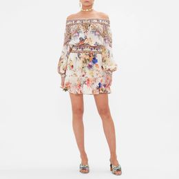 Vestido de diseñador australiano Mini vestido de seda con estampado floral y mangas abullonadas con hombros descubiertos