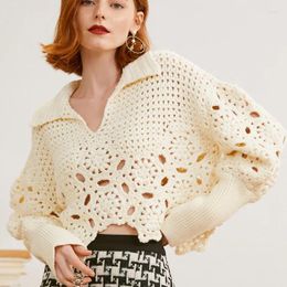 Women's Sweaters AYUALIN 2023 Autumn Winter Fashion Knit Pullovers Women Flower Hollow Out Crochet Knitting Long Sleeve Casual Jumpers