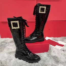 Top Luxury Women Variation Tall Boots Black Calfskin Leather Jumping Rubber Sole Long Knee Boot Ankle Strap Lady Knight Booty EU35-41