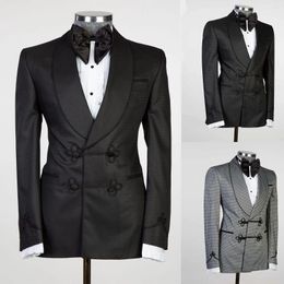 Men's Suits Modern Tailored 2 Pieces Jacquard Blazer Black Pants Chinese Knot Groom Sheer Lapel Plaid Stripes Customed Plus Size