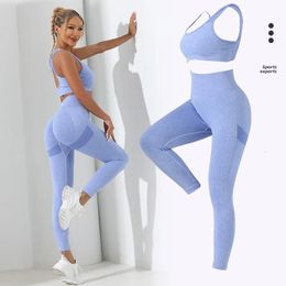 Yoga Outfit Basic 2pcs Seamless High Stretch Set Tracksuit Gym Crisscross Back Cami Hiphugging Tummy Control Leggings 231023