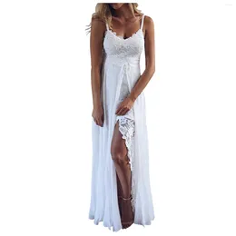 Casual Dresses Ladies Sexy Sling Dress V-Neck Lace Halter Slit Irregular White Formal Occasion Loose Vintage Evening 2023
