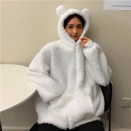 Women's Fur Faux Fur DIHOPE Autumn Winter Women's Coat Zip-up Kawaii Fleece Faux Fur Sweatshirt Long Sleeve Hooded Teddy Bear Ears Soft Hoodies 231024