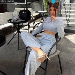Womens Two Piece Pants Outfits Lounge Set Long Lantern Sleeve Crewneck Crop Top with Wide Leg Sweater Sets 231024