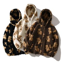 Women's Leather Faux Winter Cartoon Bear Lamb Wool Coats Hooded Jacket Casual Oversized Tops Warm Zip Up Sweatshirt Cute Korean Y2k Clothes 231023