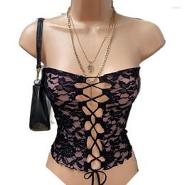 Women's Tanks Women's Y2k Fairy Coquette Backless Bandeau Vest Floral Lace Mesh Boob Tube Tops Frint Tie Up Hollow Out Chest Crop Top