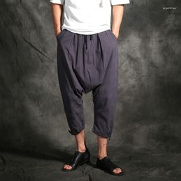 Men's Pants Men's Summer Style Men's Personality Cotton Loose Jogger Harem Hair Stylist Elastic Waist Linen Big Fork Tide