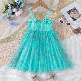 Girl Dresses 2023 Summer Arrival Girls Sleeveless Print Heart Bow Blue Roupa Infantil Menina Cute Party Dress Custume 4-7T