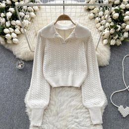 Women's Sweaters Autumn Clothes Winter For Women Solid Casual Jumper Polo Collar Cable Knit Long Sleeve Short Pullover Sweater